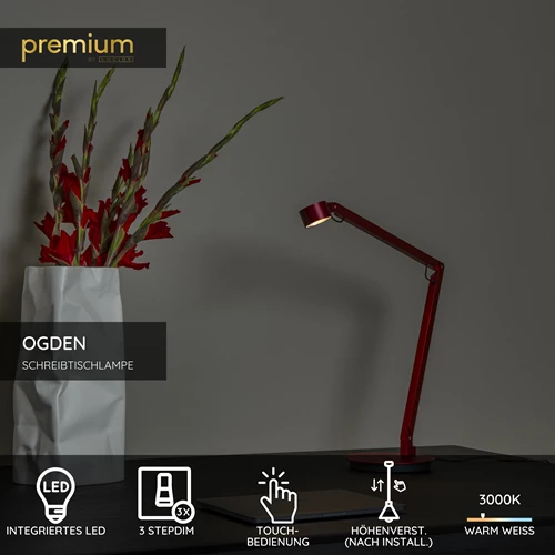 Lucide OGDEN - Schreibtischlampe - LED 3 StepDim - 1x7W 3000K - Rot | Premium - USP